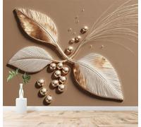 3D Wallpaper Minimalist Elegant Beige Metallic Leaves Golden Spheres | Creative Modern Murals Home Decor Study Living Room Bedroom Sofa Background Feature the Wall Decoration Luxury-300cm×210cm