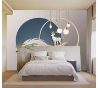 3D Wallpaper Minimalist Feathers White Deer Blue Circles Warm Lighting | Silk Texture Suitable for the Home Study Office Schemes Dining Rooms Sofas Bedrooms Living Rooms TV Feature Walls-350cm×256cm