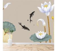 3D Wallpaper Minimalist Hand Painted Black Fish Lotus Flower Lotus Leaf | Premium Textured Silk Suitable for Study Dining Living Room Bedroom Sofa TV Wall Decoration Easy Install-150cm×105cm