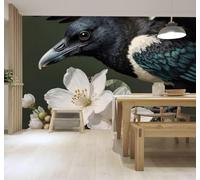 3D Wallpaper Minimalist Three Dimensional Black Bird White Flowers Green | Premium Textured Silk Suitable for Study Dining Living Room Bedroom Sofa TV Wall Decoration Easy Install-430cm×300cm