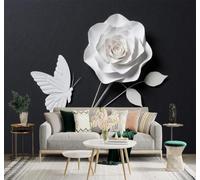 3D Wallpaper Minimalist Three Dimensional White Paper Roses Butterflies | Premium Textured Silk Suitable for Study Dining Living Room Bedroom Sofa TV Wall Decoration Easy Install-200cm×140cm