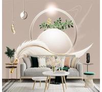 3D Wallpaper Minimalist White Feathers Geometric Circles Green Plant Leaves | Premium Textured Silk Fabric Perfect for Decorating Living Rooms Bedrooms Studies Offices Dining Rooms TV Walls-350cm×256cm