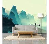 3D Wallpaper Mountains Rivers Fishing Boat 350 x 256 cm Wall Mural, for Ink Wash Painting Chinese-Style Living Room Study Non-Woven Photo Wallpaper Premium Feature Wall Mural