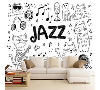 3D Wallpaper Mural Black and White Simplicity 230x180cm，Hand-Painted Cat Jazz Style Photo Wallpaper Silk Cloth Wall Art for TV Background Bedroom Office
