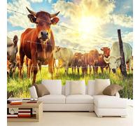3D Wallpaper Mural Children's Room Cow Farm Animal Living Room Tv Sofa Theme Hotel Background Grassland Sunshine Landscape Wall Painting Home Decor Self-Adhesive Murals Decor Mural 200x140cm