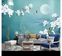 3D Wallpaper Mural Chinese Zen Scenery 150x130cm,Moon Flower and Bird Photo Wallpaper Silk Cloth Wall Art for TV Background Bedroom Office
