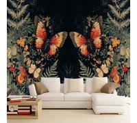 3D Wallpaper Murals Retro Black 130x80cm，Butterfly Plants Wall Mural Silk Wall Decor Art for Living Room Bedroom