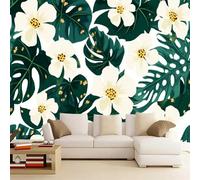 3D Wallpaper Murals White and Green Plant Flower 130x80cm，Tropical Boho Wall Mural Silk Wall Decor Art for Living Room Bedroom