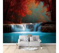 3D Wallpaper Nature Photography Red Forest Waterfall Wall Mural Home Decor, for Living Room Bedroom Kids Room, Non-Woven Photo Wallpaper 500 x 280 cm Premium Feature Wall Mural
