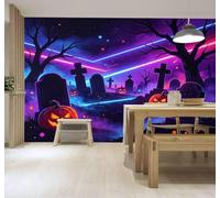 3D Wallpaper Neon Lights Pumpkins Graveyard | Easy to Install Ideal for Creating Luxurious Décor in Bespoke Offices Living Rooms Bedrooms and Behind TV Screens-200cm×140cm