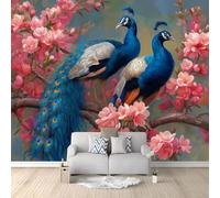 3D Wallpaper Oil Painting Animal Blue Peacock Peach Blossoms Wall Mural Home Decor, for Living Room Bedroom Kids Room, Non-Woven Photo Wallpaper 250 x 175 cm Premium Feature Wall Mural