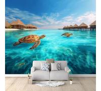 3D Wallpaper Overwater Bungalow Sea Turtles 200 x 140 cm Wall Murals, Ocean World Non-Woven Photo Wall Mural for Living Room Bedroom Children's Room Office Decoration, Easy to Install
