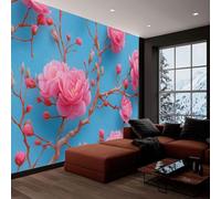 3D Wallpaper Photo Blue Pink Wall Mural 300 x 210 cm, Non-Woven Country Plants Pink Flowers Branches Art Print Wallpaper Bedroom Decoration Wall Covering Poster Picture Design
