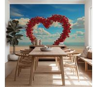3D Wallpaper Photo Ocean Beach Romantic Rose Heart Shape Wall Mural 450 x 280 cm, Non-Woven Coastal Art Print Wallpaper Bedroom Decoration Wall Covering Poster Picture Design