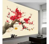 3D Wallpaper Photo Plants Branches Red Plum Blossoms Wall Mural 250 x 175 cm, Non-Woven Chinese Ink Painting Art Print Wallpaper Bedroom Decoration Wall Covering Poster Picture Design