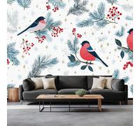 3D Wallpaper Pine Branches Birds Berries 200 x 140 cm Wall Murals, Winter Theme Non-Woven Photo Wall Mural for Living Room Bedroom Children's Room Office Decoration, Easy to Install