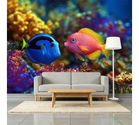 3D Wallpaper Pink and Blue Small Fish Coral Reef 300 x 210 cm Wall Murals, Underwater World Non-Woven Photo Wall Mural for Living Room Bedroom Children's Room Office Decoration, Easy to Install