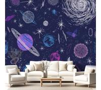 3D Wallpaper Planets Comets and Shooting Stars 350 x 256 cm Wall Mural,Hand Drawn Sketch Seamless Cartoon Space Wallpaper Mural for Bedroom, Kindergarten, Scenic Garden Wall Hanging