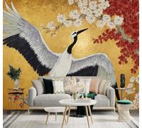 3D Wallpaper Red And White Plum Blossoms Abstract Golden Birds In Flight | Premium Textured Silk Suitable for Study Dining Living Room Bedroom Sofa TV Wall Decoration Easy Install-430cm×300cm