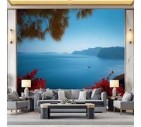 3D Wallpaper Santorini Beach Balcony Flowers 300 x 210 cm Wall Murals, Photography Non-Woven Photo Wall Mural for Living Room Bedroom Children's Room Office Decoration, Easy to Install
