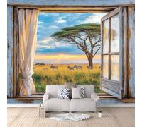 3D Wallpaper Savannah Elephants 250x175cm,Modern Art Wall Murals Photo Wall Mural Scenery Outside The Window,for Living Room Bedroom Children's Room Home Decoration, Easy to Install