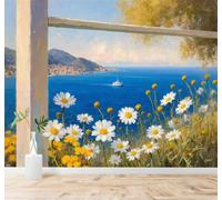 3D Wallpaper Seascape White Flowers Blue Ocean Sailing Boat Mountains | Silk Texture Suitable for the Home Study Office Schemes Dining Rooms Sofas Bedrooms Living Rooms TV Feature Walls-300cm×210cm