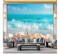 3D Wallpaper Seashells Starfish 300 x 210 cm Wall Murals, Summer Beach Non-Woven Photo Wall Mural for Living Room Bedroom Children's Room Office Decoration, Easy to Install