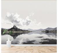 3D Wallpaper Serene Lake Mountain Peaks Reflections Cloudy Sky Landscape | Premium Textured Silk Fabric Perfect for Decorating Living Rooms Bedrooms Studies Offices Dining Rooms TV Walls-250cm×170cm