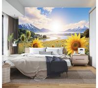3D Wallpaper Sunflowers Rivers Mountains Clear Skies Natural Scenery | Creative Modern Murals Home Decor Study Living Room Bedroom Sofa Background Feature the Wall Decoration Luxury-400cm×280cm
