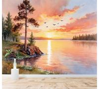 3D Wallpaper Sunset Lake View Pine Trees Birds Colourful Sky Reflections | Premium Textured Silk Suitable for Study Dining Living Room Bedroom Sofa TV Wall Decoration Easy Install-200cm×140cm
