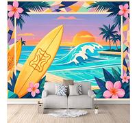 3D Wallpaper Surfboard-5 Sea 250x175cm,Modern Art Wall Murals Photo Wall Mural Coconut Tree Sunset,for Living Room Bedroom Children's Room Home Decoration, Easy to Install