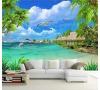 3D Wallpaper The Sea The Beach Dolphins Coconut Trees Scenery | Easy to Install Ideal for Creating Luxurious Décor in Bespoke Offices Living Rooms Bedrooms and Behind TV Screens-400cm×280cm