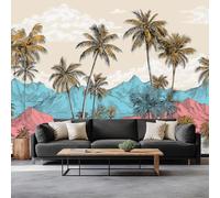 3D Wallpaper Tropical Island Palm Tree Mountains 250 x 175 cm Wall Murals, Retro Poster Non-Woven Photo Wall Mural for Living Room Bedroom Children's Room Office Decoration, Easy to Install
