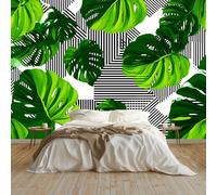 3D Wallpaper Tropical Leaves Geometry Lines, Green Mural Wall Mural Home Decor, for Living Room Bedroom Kids Room, Non-Woven Waterproof Wallpapers 400 X 280 Cm Premium Feature Wall Mural