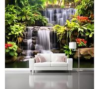 3D Wallpaper Tropical Wind Waterfall Green Plants Print Peel and Stick Wall Mural, 200 x 140 cm Home Decoration Non-Woven Murals for Living Room Bedroom Children's Room - Green Background Wall Decor
