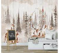 3D Wallpaper Vintage Wood Grain Hand Painted Forest Roe Deer | Easy to Install Ideal for Creating Luxurious Décor in Bespoke Offices Living Rooms Bedrooms and Behind TV Screens-300cm×210cm