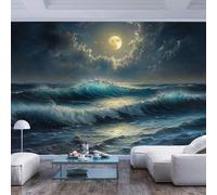 3D Wallpaper Wall Mural XXL Moon lit ocean waves under dark clouds Moon lit ocean waves under dark cloudsPhoto Pattern Stickers Home Room Wall Poster Decoration for Living Room Office Bedroom Dining