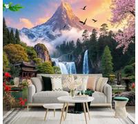 3D Wallpaper Waterfall Lake Swans Cherry Blossom Trees Capped Mountains | Creative Modern Murals Home Decor Study Living Room Bedroom Sofa Background Feature the Wall Decoration Luxury-250cm×170cm