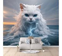 3D Wallpaper White Cat 150x105cm,Modern Art Wall Murals Photo Wall Mural Lightning Sea,for Living Room Bedroom Children's Room Home Decoration, Easy to Install