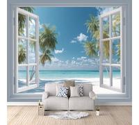 3D Wallpaper Window 300x256cm,Modern Art Wall Murals Photo Wall Mural Summer Beach,for Living Room Bedroom Children's Room Home Decoration, Easy to Install