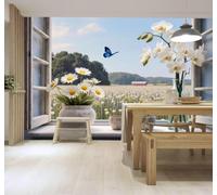 3D Wallpaper Window Orchid Blue Butterfly Rural Countryside Landscape | Premium Textured Silk Suitable for Study Dining Living Room Bedroom Sofa TV Wall Decoration Easy Install-250cm×170cm