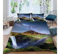3D Waterfalls and Canyons Single Duvet Cover Set Night Sky and Mountains Single Bedding Sets Warm Comfort Microfiber Quilt Cover 135x200 cm with 2 Pillowcases for Boys Girls Bedroom D-1147