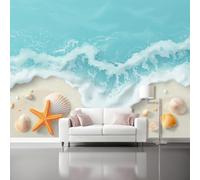 3D Wave Shells Mural Wallpaper - Natural Scenery Poster Non-Woven Fleece Wall Mural - Starfish Foam Panoramic Photo Wallpaper for Living Room Bedroom Office, 400 x 280 cm Tropical Beach Wall Decor