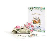 3D Wedding Card Pop Up Card Vintage Car with Floral Watercolor Illustration and Gold Script Cover Wedding Anniversary Cards for Bride and Groom, Anniversary, for Couples and Newlyweds
