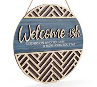 3D Welcome Decorative Hanging Sign Plaque for Front Door Decor, Funny Welcome-ish Wooden Hanger (12''x 12''), Rustic Minimalist Outdoor Wood Wall Art for Farmhouse Porch or Entryway Home Decor