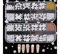 3D White Nail Flowers for DIY Art - 2 Set Acrylic Flower Nail Charms with Gold Caviar Beads, Resin Decals & Pearls