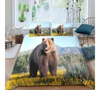 3D Wild Brown Bear Single Duvet Cover Set Wildflower Sea Single Bedding Sets Warm Comfort Microfiber Quilt Cover 135x200 cm with 2 Pillowcases for Boys Girls Bedroom E-106