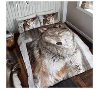 3D WILDLIFE WOLF Bed Set with Duvet Cover and Pillow Case, Polyester-Cotton, Grey, King