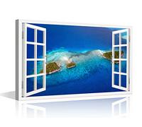 3D Window Effect Fish-shaped Island Ocean Coastal Canvas Wall Art for Home Decor Artwork Painting on Canvas for Dining Living Room Framed Ready to Hang 36x24in