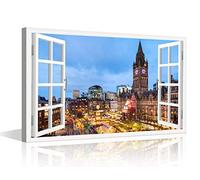 3D Window Effect Manchester Canvas Prints Wall Decor Albert Square Cityscape Poster Wall Art Print for Bedroom Living Room Bathroom Office Home Decorations Framed Ready to Hang - 24"W x 16"H